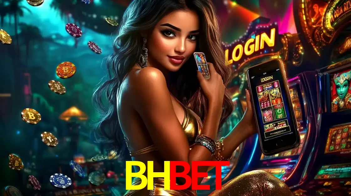 Mulher em um cenário de cassino temático de aventura, mostrando o app de caça-níqueis da BHBET no celular. Fichas de apostas flutuam ao redor.