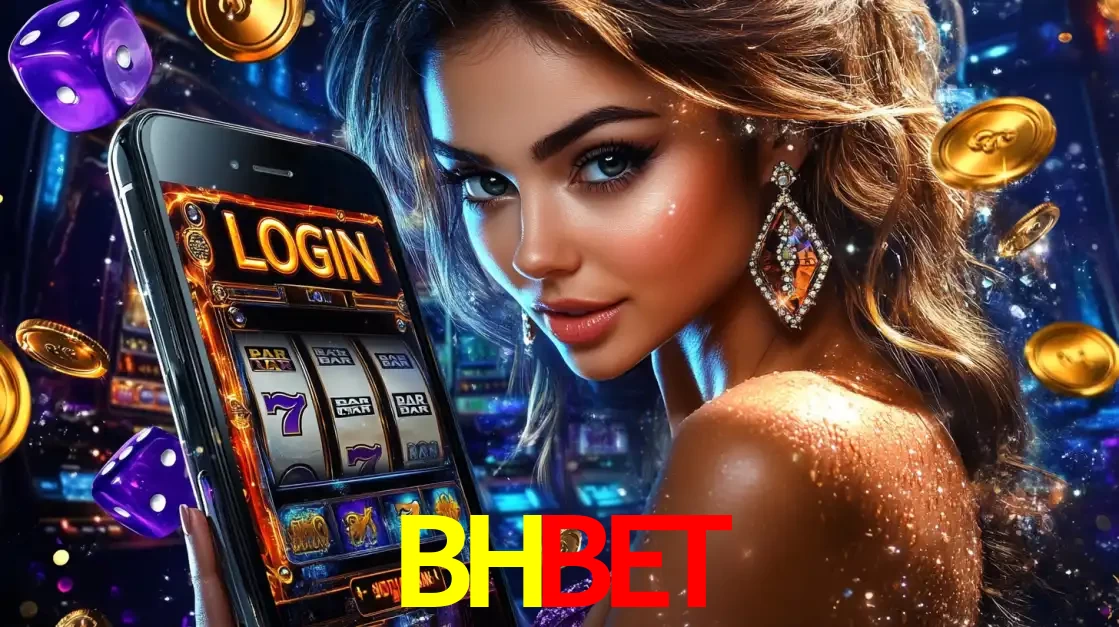 Mulher glamorosa segurando um smartphone com a tela de login para os jogos de caça-níqueis do cassino online BHBET, com moedas de ouro e dados ao redor.