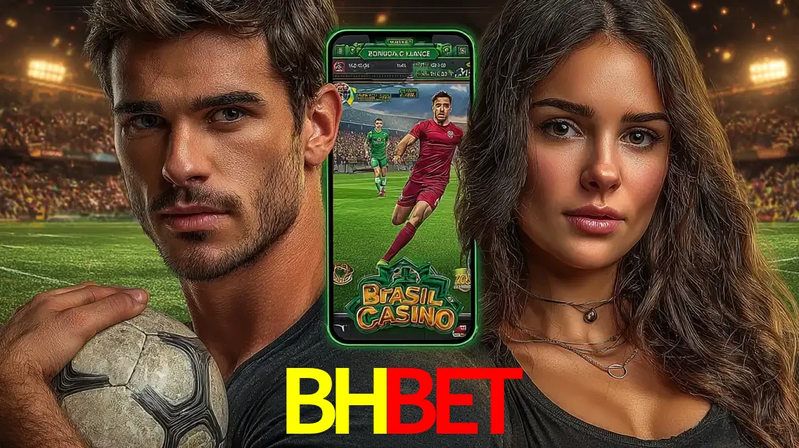 Homem segurando uma bola de futebol e uma mulher ao lado de um smartphone exibindo o jogo de apostas esportivas da BHBET. Faça seu palpite no cassino online.